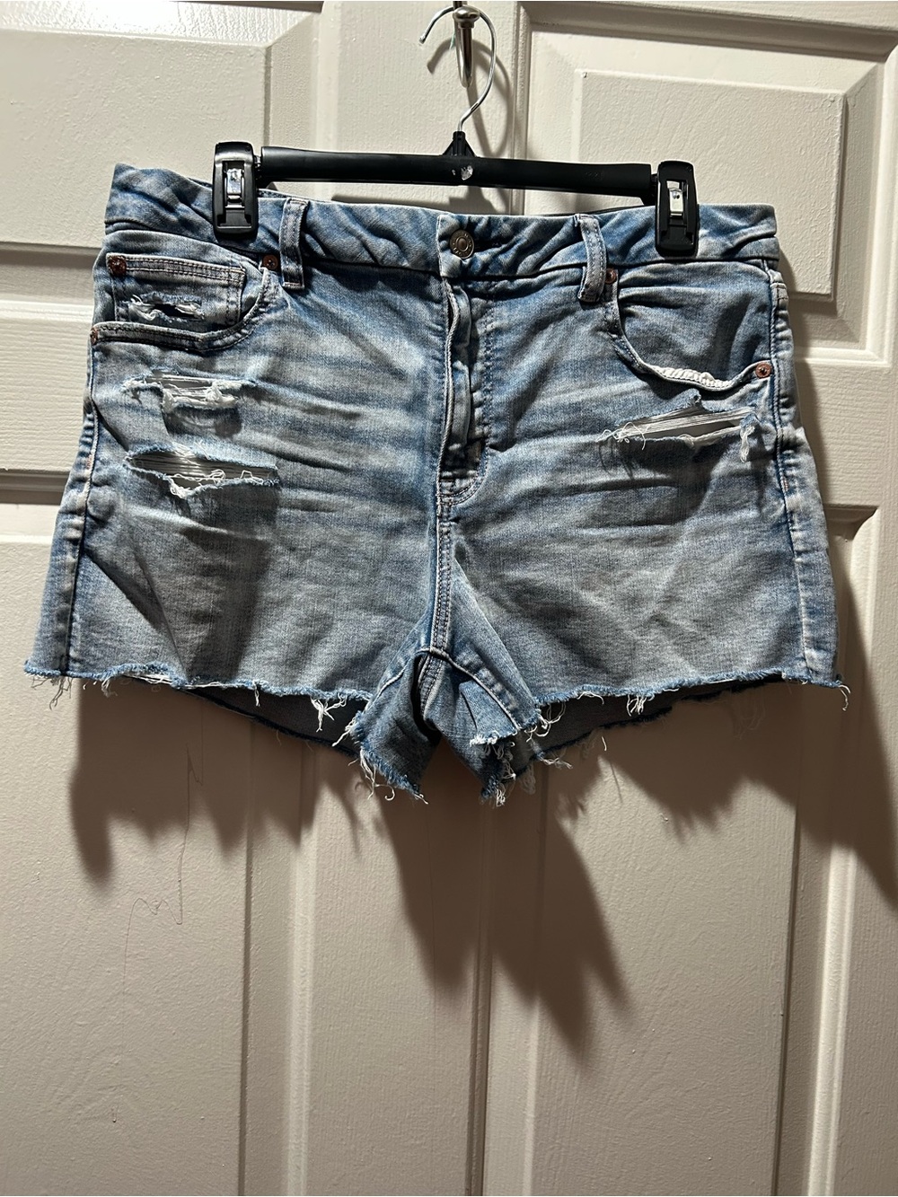 American Eagle Light Blue Distressed Curvy High Rise Shortie Denim Cutoff Shorts